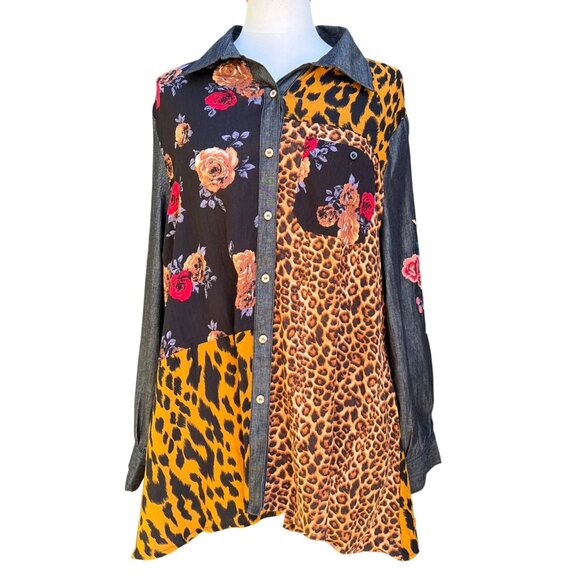 Caleoas Womens Mixed Print Long Sleeve Button Up Swing Tunic Shirt Blouse Sz 1X - Picture 1 of 7